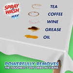 Tablecloth with various stains and text highlighting removal of tea, coffee, wine, grease and oil by Spray 'n Wash