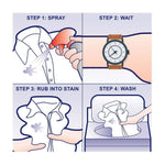 Four-panel instructional illustration showing spray, wait with watch, rub stain, then wash steps