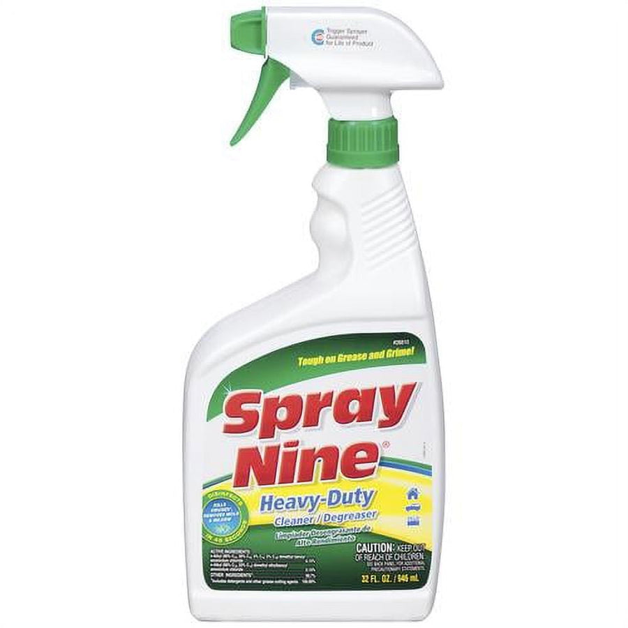 White spray bottle of Spray Nine heavy-duty cleaner with green trigger and product label on a white background