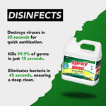Graphic titled “DISINFECTS” showing a Spray Nine gallon jug and text claiming virus and germ kill times on a green-and-gray background.