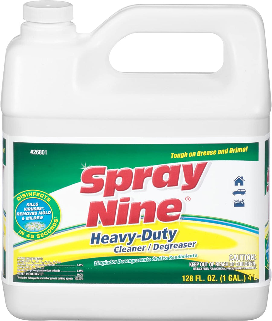 White one-gallon jug of Spray Nine Heavy-Duty cleaner/degreaser with green, red and yellow product label.