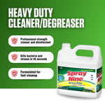 Green infographic panel reading “Heavy Duty Cleaner/Degreaser” with a small Spray Nine one-gallon jug and three benefit callouts.