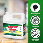 Spray Nine one-gallon jug on a wood surface with three circular icons and text listing grease removal, bacteria kill, and mold control.