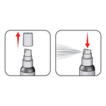 Two-panel instructional illustration showing removal of cap and pressing the spray nozzle to dispense mist