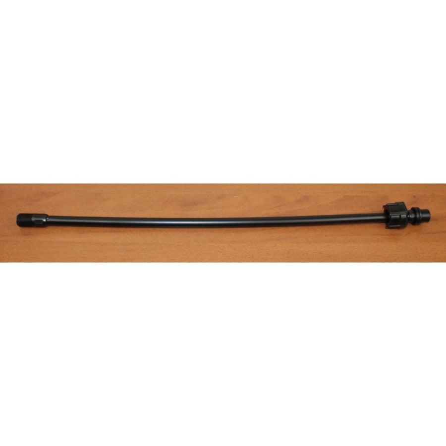 Black straight spray wand laid horizontally on a wood surface showing both connector ends