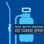 Illustration of a handheld sprayer with instruction panel reading 'Mix with water Use coarse spray' on blue background