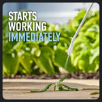 Close-up of a sprayer nozzle applying product to a weed on pavement with text 'Starts working immediately' over blurred plants.