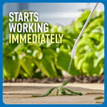 Sprayer wand applying liquid to a weed on pavement with overlay text "Starts working immediately"
