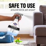 Hand spraying Clorox PURE Allergen Neutralizer near a sofa with 'Safe to use' headline