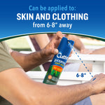 Hand holding a Cutter Backwoods aerosol can spraying toward an arm with diagram showing 6-8" distance and 'skin and clothing' application text.