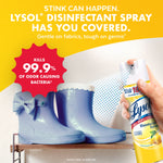 Hand spraying Lysol can toward blue rain boots on a shelf with badge claiming kills 99.9% of odor-causing bacteria