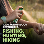 Close-up of a person spraying OFF! Deep Woods aerosol onto their forearm in an outdoor setting with overlay listing ideal activities