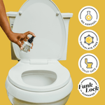 Open toilet bowl with a hand spraying a small Poo-Pourri Original Citrus bottle and three circular ingredient icons at right.
