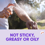 Photo of someone spraying insect repellent on their forearm with overlay text reading not sticky, greasy or oily