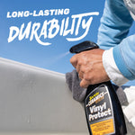 Person spraying Star brite Ceramics Vinyl Protect onto a vinyl surface with headline text about durability