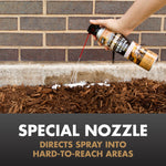Hand spraying foam from a Spectracide Terminate can along a foundation edge into mulch with text about a special nozzle.