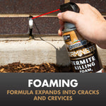 Hand holding a Spectracide Terminate can spraying foam into a crack in exterior brick with text about foaming formula expanding.