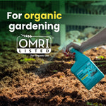 Lifestyle photo of a hand spraying a teal Sunday Weed Warrior bottle over mulched soil with text "For organic gardening" and OMRI badge.