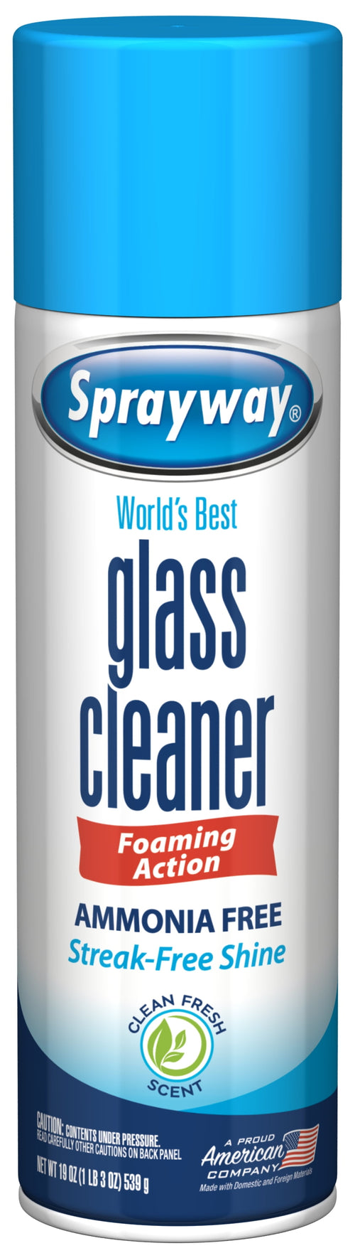 Tall aerosol can of Sprayway glass cleaner with blue cap and large 'glass cleaner' text on white label