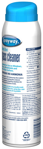 Rear-quarter view of a Sprayway glass cleaner can showing directions and ingredients on the label