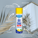 Sprayway lemon glass cleaner can overlaid with arrows and text calling out ammonia-free, streakless performance