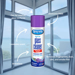 Sprayway glass cleaner aerosol can with purple cap centered in front of large windows and infographic callouts