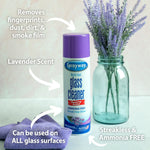 Single Sprayway glass cleaner can with purple cap staged next to a jar of lavender and a microfiber cloth, feature callouts.