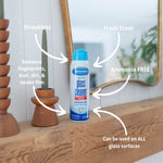 Lifestyle product image of a Sprayway glass cleaner can on a wooden surface with overlayed benefit callouts