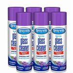Six Sprayway foaming glass cleaner aerosol cans with purple caps arranged in a group, lavender graphic on label.