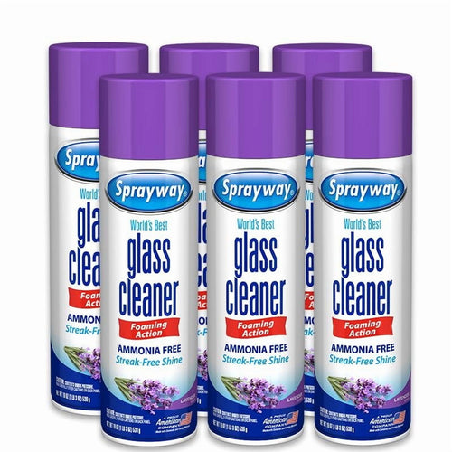 Six Sprayway foaming glass cleaner aerosol cans with purple caps arranged in a group, lavender graphic on label.