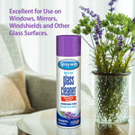 Sprayway glass cleaner can with purple cap on a table beside a vase of flowers and soft-focus living room background.