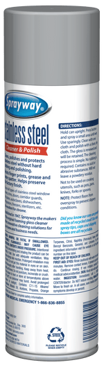 Rear and side label view of a Sprayway stainless steel cleaner & polish aerosol can showing directions and warnings
