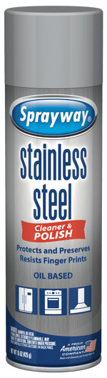 Close-up front view of a Sprayway stainless steel cleaner & polish aerosol can with visible label artwork