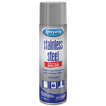 Front-facing Sprayway stainless steel cleaner & polish aerosol can with brand logo and product name visible.
