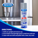 Lifestyle product image of a Sprayway stainless steel cleaner can placed on a countertop with product logo and usage directions below