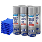 Group of Sprayway stainless steel cleaner aerosol cans standing next to a neat stack of blue microfiber cleaning cloths.