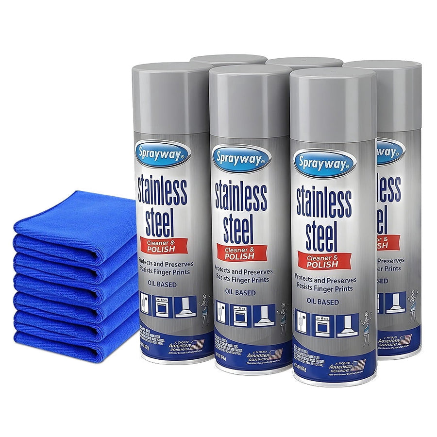 Group of Sprayway stainless steel cleaner aerosol cans standing next to a neat stack of blue microfiber cleaning cloths.