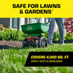 Photo of a broadcast spreader on turf with text Safe for Lawns & Gardens and coverage callout