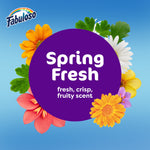 Circular purple badge reading 'Spring Fresh' surrounded by colorful flowers and Fabuloso logo on a blue background