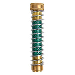 Straight vertical view of a spring-wrapped garden hose connector with brass couplings and green patterned hose