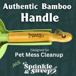 Close-up of a bamboo-style brush handle engraved with ‘Sprinkle & Sweep’ set against a dark green graphic reading ‘Authentic Bamboo Handle’.