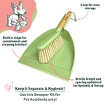 Product infographic showing the green dustpan and brush with callouts for built-in ridge, loop for storage, and bristle spacing for Sprinkle & Sweep.