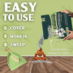 Promotional graphic with large ‘Easy to Use’ text, a Sprinkle & Sweep bag pouring absorbent material, and green dustpan and brush on wood floor.