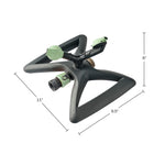 Product photo of a mint and black rotating sprinkler with drawn dimensions showing width and height measurements.