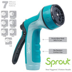 Product feature graphic of a teal Sprout rear-trigger nozzle with icons for seven watering patterns