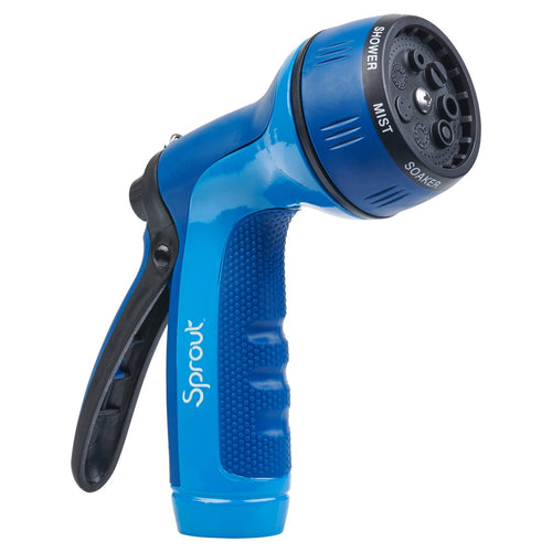 Close-up of a blue Sprout rear-trigger metal garden hose nozzle showing textured grip and 7-pattern dial