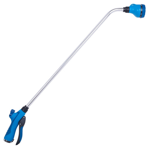 Blue Sprout watering wand with long metal shaft and pistol-grip handle on white background