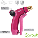Product feature graphic of a pink Sprout adjustable nozzle with callouts for thumb control and trigger lock