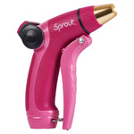 Close-up of a pink Sprout front-trigger adjustable metal hose nozzle showing metal tip and trigger