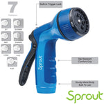 Blue Sprout rear-trigger metal nozzle with callouts highlighting built-in trigger lock, grip and sturdy metal body